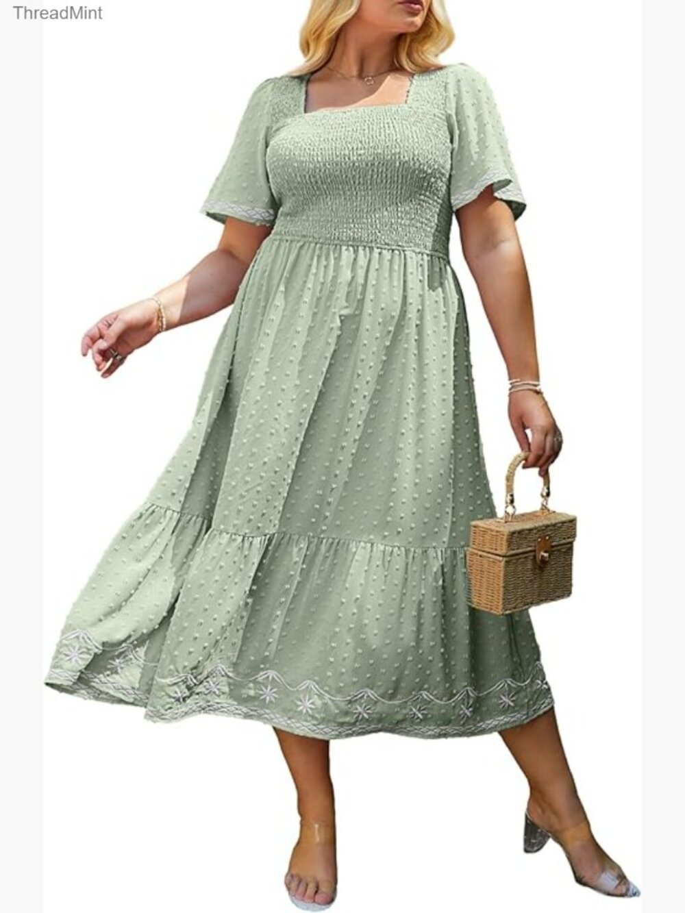 Plus Size Smocked Square Neck Midi Dress Flowy A-Line Summer Boho